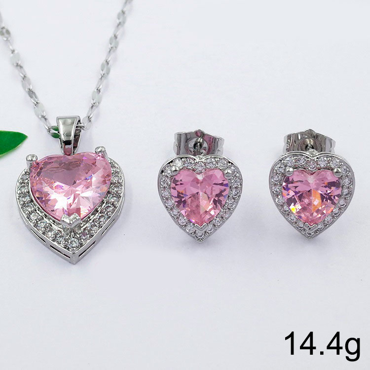 Set Plateado Coraz N Dije Y Aretes Piedra Rosa Azulturquesa Joyer A