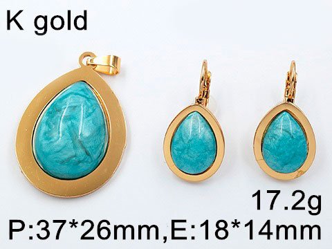 Set Dorado Dije Y Aretes Piedra Turquesa Azulturquesa Joyer A De