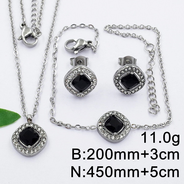 Set Plateado Rombo Dije Aretes Y Pulsera Piedra Negra AzulTurquesa