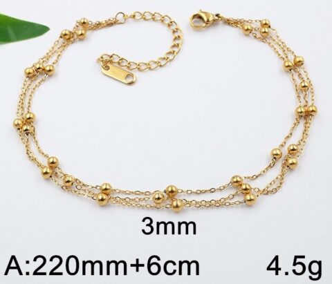 Tobillera dorada 3 cadenas bolitas 3mm