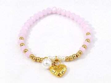 Pulsera elástica cristales rosa dije corazón dorado