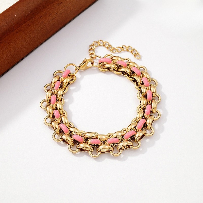 Pulsera dorada eslabón rosa