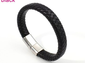 Brazalete cuero negro cierre acero plateado