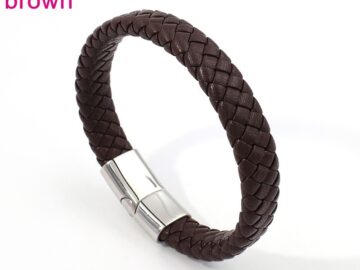 Brazalete cuero café cierre acero plateado