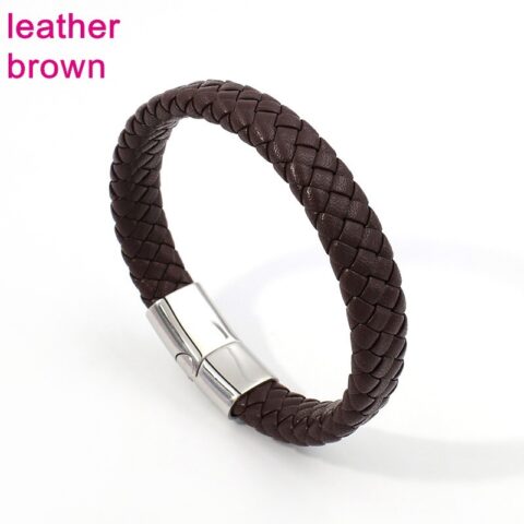 Brazalete cuero café cierre acero plateado