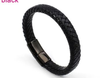 Brazalete cuero negro cierre acero negro