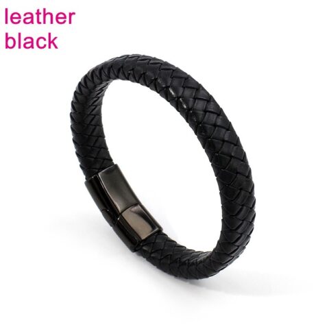 Brazalete cuero negro cierre acero negro