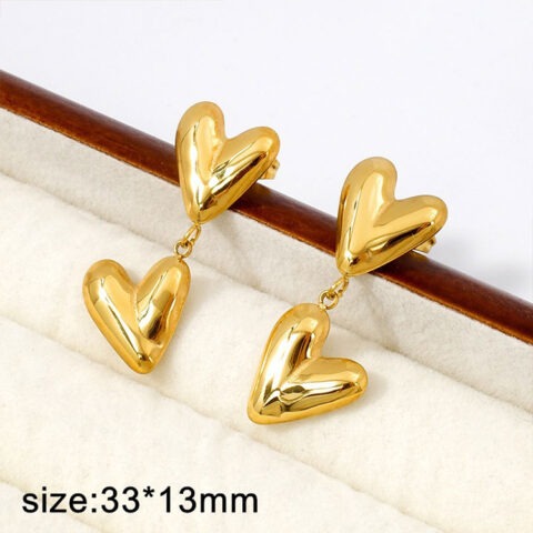 Aretes dorados doble corazón largo 3.3cm