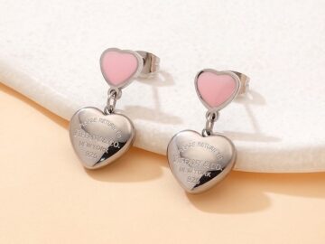 Aretes plateados corazón rosa T:FfanY