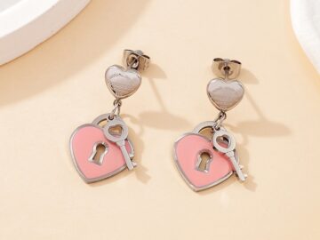 Aretes plateados candado  rosa T:FfanY