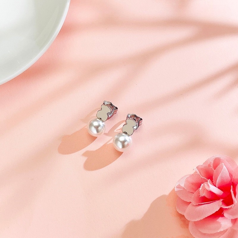 Aretes osito plateado y perla blanca