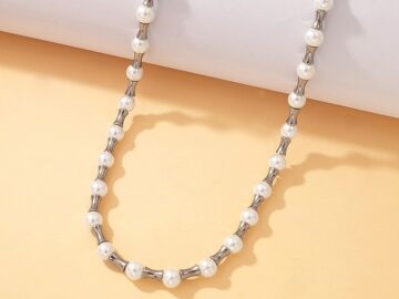 Collar 50cm acero plateado y perlas