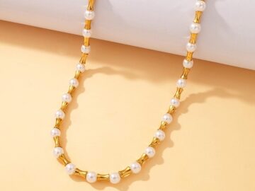 Collar 50cm acero plateado y perlas