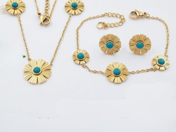 Set dorado 3 piezas flor centro turquesa