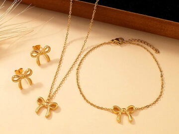 Set dorado aretes, pulsera y collar moñitas