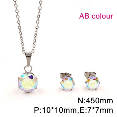 Set plateado collar y aretitos piedra tornasol