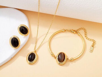 Set dorado Collar, Brazalete y aretes piedra café