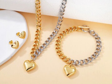 Set dorado Cadena corta doble tono dije corazón 1.6cm