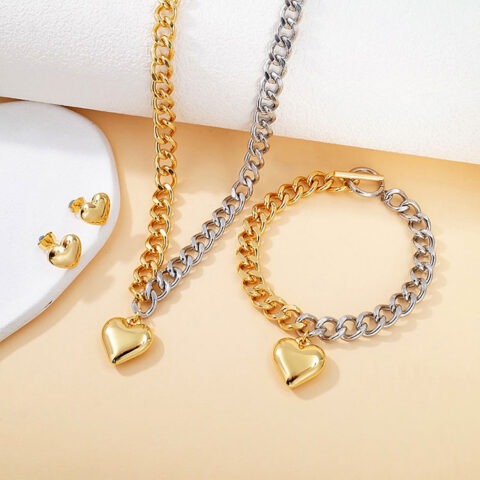 Set dorado Cadena corta doble tono dije corazón 1.6cm