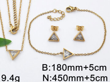 Set dorado 3 piezas triangulo piedra blanca