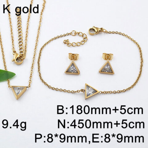 Set dorado 3 piezas triangulo piedra blanca