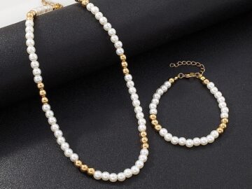Set Collar y pulsera perlas y cuentas doradas