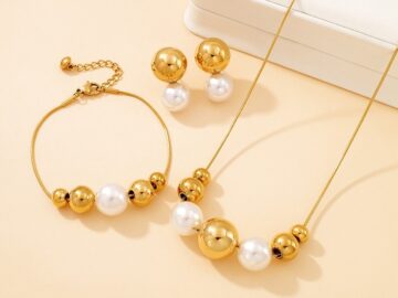 Set dorado 3 piezas con perlas 1.4cm