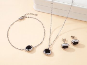 Set plateado 3 piezas piedra negra