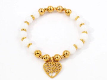 Pulsera elástica bolitas blancas dorado