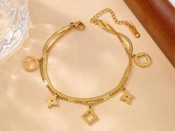 Pulsera dorada doble cadena dijes colgantes